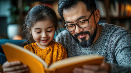 Asian father reading book for his daughter in living room.