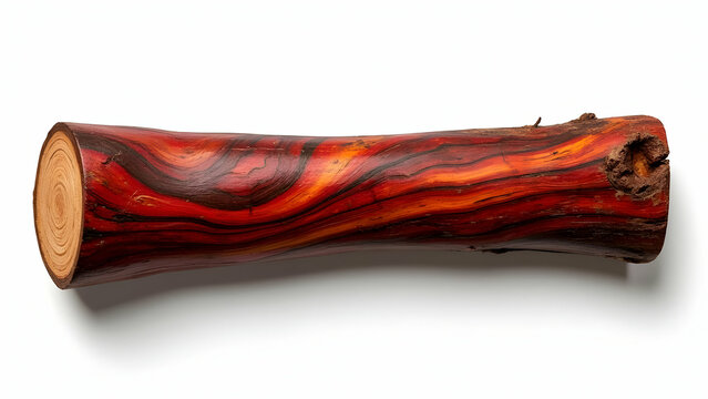 Exotic Cocobolo Wood Log with Rich Reddish Orange Striped Patterns and Natural Oils on White