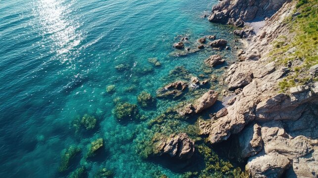 Vibrant blue ocean meeting rocky shores where marine life thrives, a serene beach scene with tide pools revealing underwater habitats.