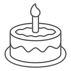 Chocolate cupcake with candle on plate thin line icon, sweets pastry concept. Vector graphics. Sweet tart, bakery sign on white background, outline style icon for mobile or web design.