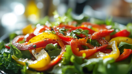 A close-up of a fresh salad topped with colorful bell peppers and spicy chili peppers, dressed in olive oil on a sunlit dining table