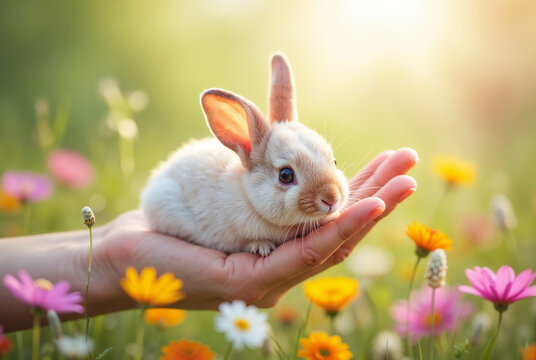 A cute, small bunny sitting on a hand in a meadow with vibrant wildflowers. Created using generative AI tools