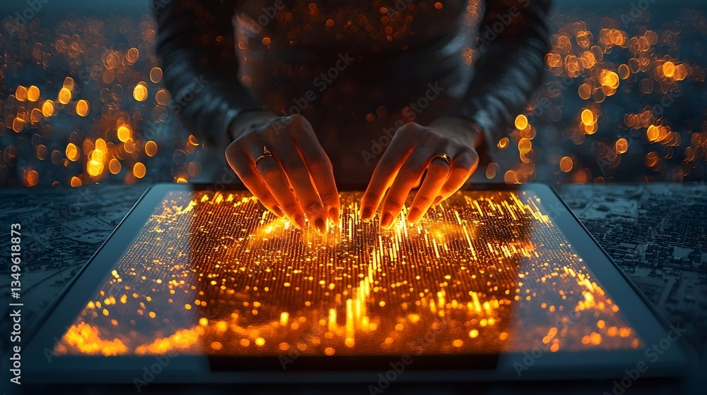 Poster glowing business report displayed on a tablet with profits highlighted in golden text