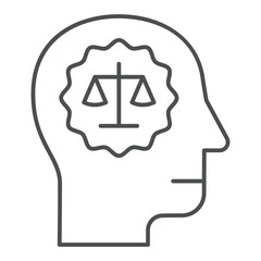 Man head with lawyer brain thin line icon, jurisprudence concept. Vector graphics. Human and mind with libra scales sign on white background, outline style icon for mobile or web design.