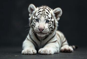 Naklejka premium Albino Tiger Cub with Reflective Surface – Elegant and Unique Stock Photo