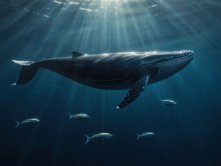 Fototapeta premium Humpback whale swimming ocean sunlight, fish