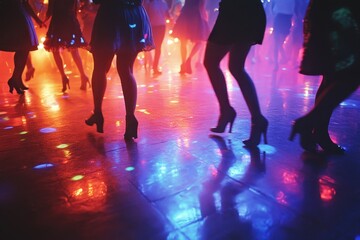 Silhouetted figure dancing at vibrant party with colorful lights and blurred crowd during nighttime
