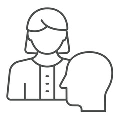 Psychologist woman and man head thin line icon, psychology concept. Vector graphics. Human mind and woman sign on white background, outline style icon for mobile or web design.