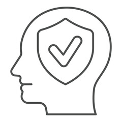Man head and approval emblem thin line icon, mental health concept. Vector graphics. Human mind and safety shield, checkmark sign on white background, outline style icon for mobile or web design.