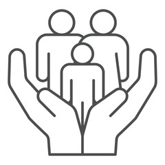 Family with child on hands thin line icon, family psychology concept. Vector graphics. Father, mother and son, support sign on white background, outline style icon for mobile or web design.