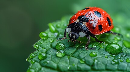 Obraz premium Close-up of a ladybug on a green leaf with dew drops, showcasing nature's beauty in a serene environment