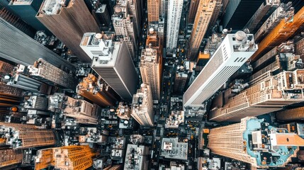 Aerial Manhattan skyscrapers, bird's-eye view, city density, urban landscape, sunset