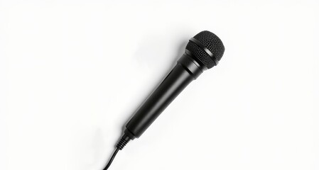 Microphone on white background with clipping path . Close up of dynamic microphone connect with male xlr connector and cable isolated on white background, top view