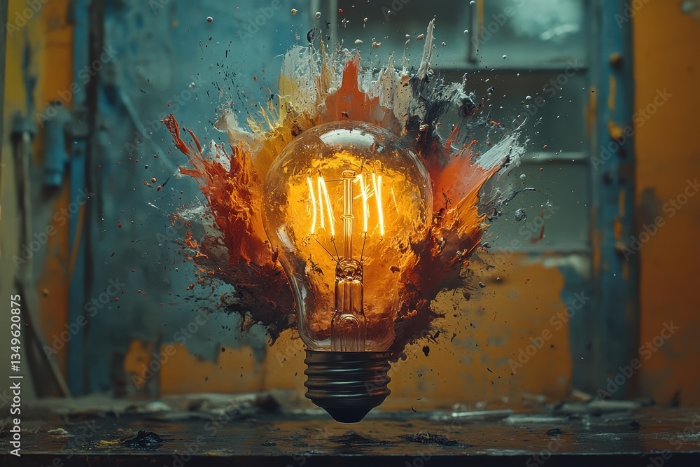 Poster vibrant explosion of color emanates from a glowing light bulb surrounded by swirling smoke in a dark