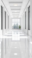 Fototapeta premium A Long White Interior Hallway Decorated With Decorative Pillars and Lights