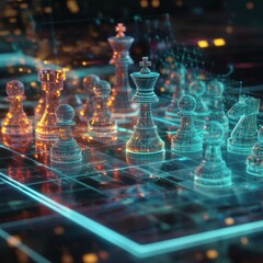 Futuristic chessboard with glowing, digital chess pieces.  Abstract, technology-enhanced game board with illuminated pieces, showing strategic planning and competition in a digital world.