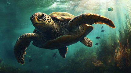 Obraz premium A majestic sea turtle swimming peacefully underwater in the ocean