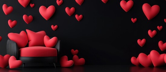 Red Hearts Surround A Red Couch Against A Black Background