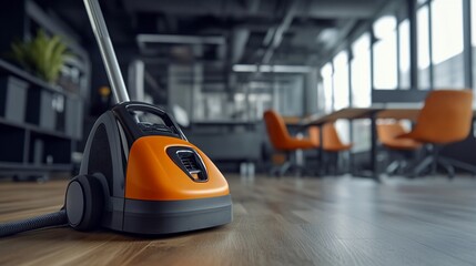 Orange vacuum cleaning modern office hardwood floor