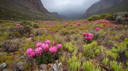 Obraz premium Pink wildflowers bloom in mountain valley, misty backdrop, nature photography