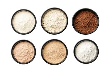 Variety of powders in bowls displayed, cut out transparent
