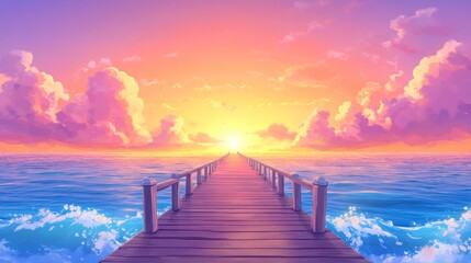 Vibrant cartoon seaside sunset scene with wooden pier ideal for summer themes greeting cards
