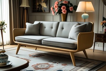 A retro-inspired light wood sofa with a slightly curved frame and tapered