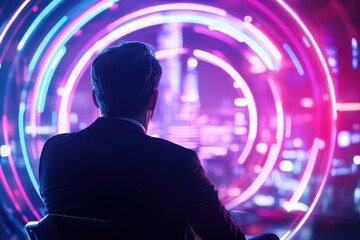 A figure in business attire observes a vibrant, futuristic cityscape illuminated by neon lights, suggesting themes of technology and contemplation.