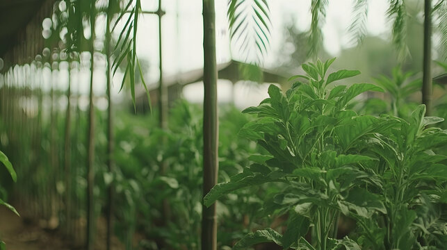 Lush green tobacco plants grow in a shaded outdoor farm.  Background shows simple structures. Ideal for agriculture or environmental publications