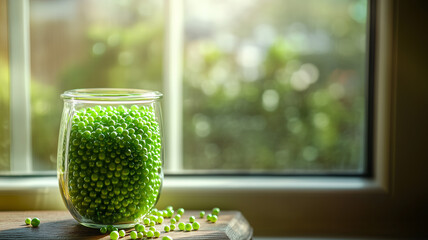 A glass jar filled with sweet green pearls, sitting on a windowsill bathed in soft morning sunlight for a cozy and peaceful vibe