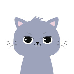 Cute angry sad cat face. Gray silhouette icon. Funny kitten. Kawaii pet animal. Cartoon funny baby character. Happy Halloween. Childish style. Flat design. White background. Vector illustration