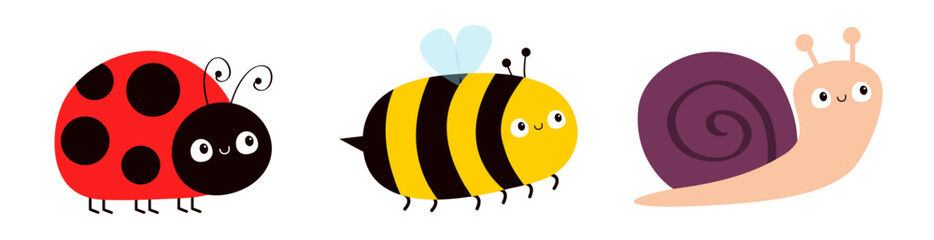 Snail, lady bug ladybird bee bumblebee insect icon set line. Ladybug. Side view. Cute cartoon kawaii funny baby character. Sticker print. Childish style. Flat design. White background. Vector