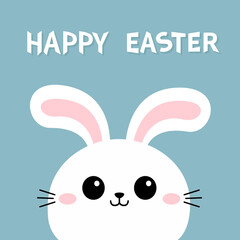 Happy Easter. White rabbit bunny hare face head silhouette. Pink cheeks, ears. Kawaii cute cartoon funny baby character. Valentines Day. Greeting card. Blue background. Flat design. Vector