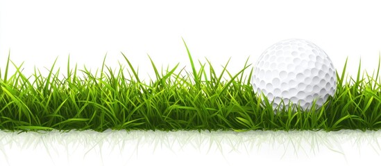 A golf ball nestled in lush green grass on a white background