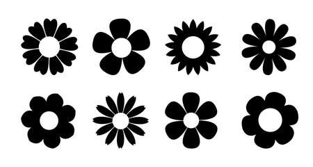 Black Daisy Chamomile silhouette icon set. Simple different shape. Camomile set. Cute round flower plant collection. Love card symbol. Growing concept. Flat design. Isolated. White background. Vector
