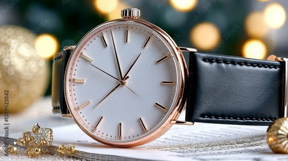 Poster elegant watch displayed on a table surrounded by decorative lights and festive elements in a cozy se