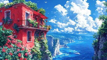 Coastal Red House, Sunny Cliffside, Italy View