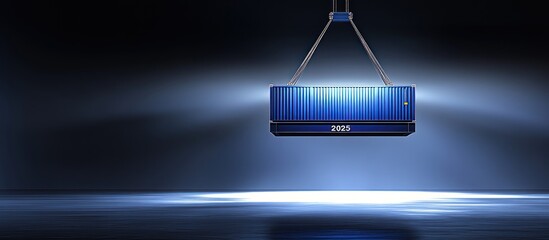 A blue shipping container is being lifted in a dark scene
