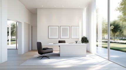 Fototapeta premium Modern minimalist office with large windows. Spacious, bright, and tranquil workspace
