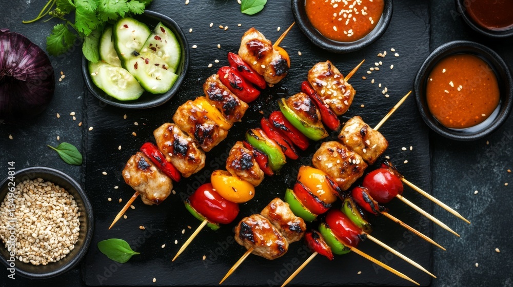Poster a top-down view of yakitori skewers served on a black slate plate, accompanied by colorful dipping s