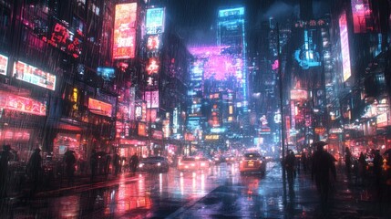 Cyberpunk Cityscape: Rain-Soaked Streets of Neon Dreams