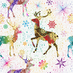 Vector seamless winter pattern with decorative hand drawn Christmas deers and colorful snowflakes and stars on a white background