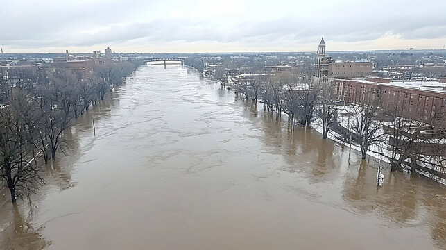 Flooded river cityscape, winter; aerial view of rising water levels near buildings, ice floes visible; useful for news, environmental reports