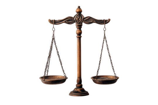 Antique scales, justice balance, law equilibrium, cut out transparent