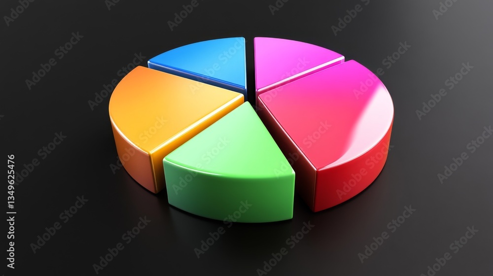 Poster a vibrant d pie chart showcasing financial data, with glossy slices in various colors, set against a