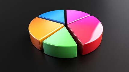 A vibrant D pie chart showcasing financial data, with glossy slices in various colors, set against a sleek black background, emphasizing data representation.