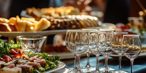 A table with several glasses of wine and a variety of food items, including sandwiches and salad plates. A casual gathering setup for social interaction and enjoyment of fine wines.