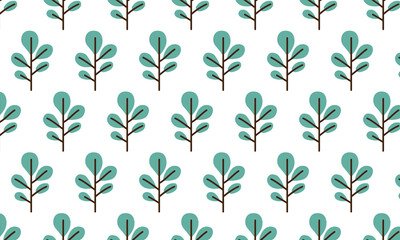 Seamless vector illustration of a repeating pattern with stylized leaves. Features teal leaves with brown stems creating a symmetrical, decorative design on a white background.