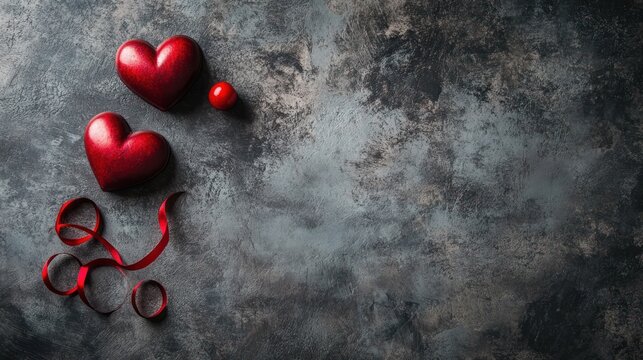 Romantic red hearts ribbon dark background Valentine's Day card