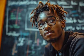 Close Up of a Student Deep in Thought Solving a Math Equation on a Chalkboard